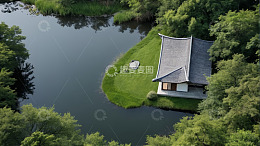 湖畔中式小屋鸟瞰全景