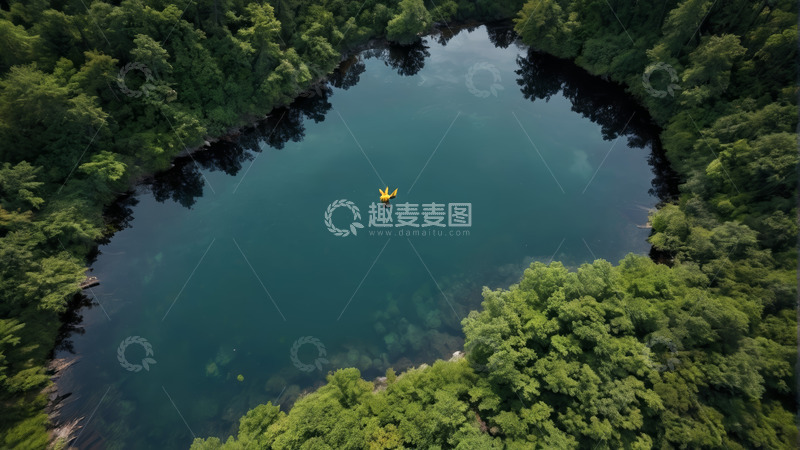 高清大图下载【趣麦麦图】森林湖泊上跳伞者俯瞰视角