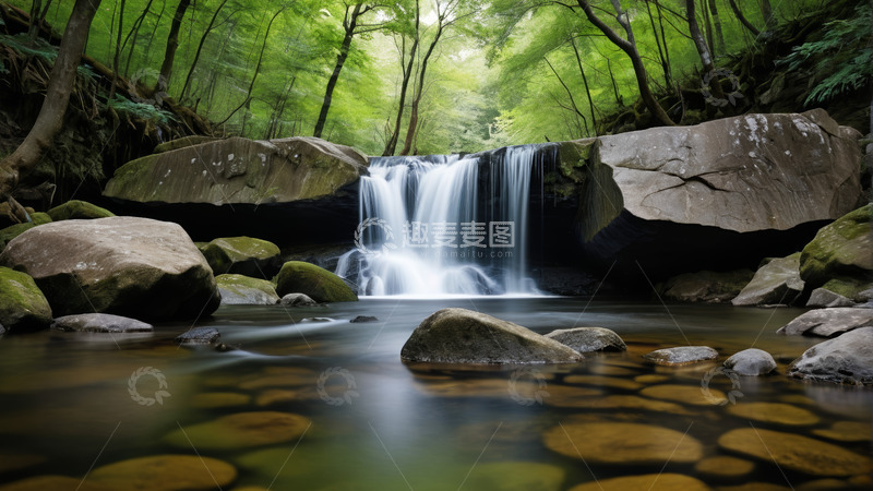 高清大图下载【趣麦麦图】森林中溪流瀑布自然景观