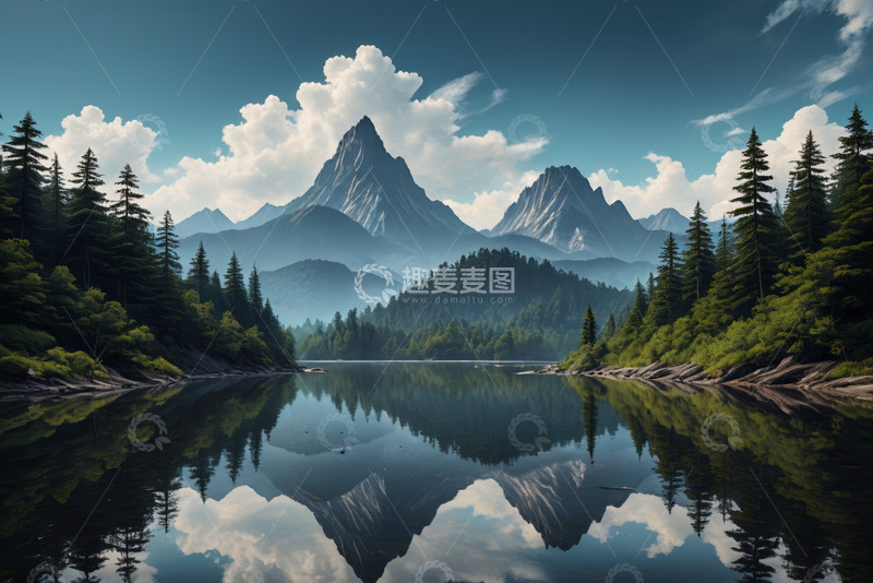 高清大图下载【趣麦麦图】山林湖泊自然风光全景