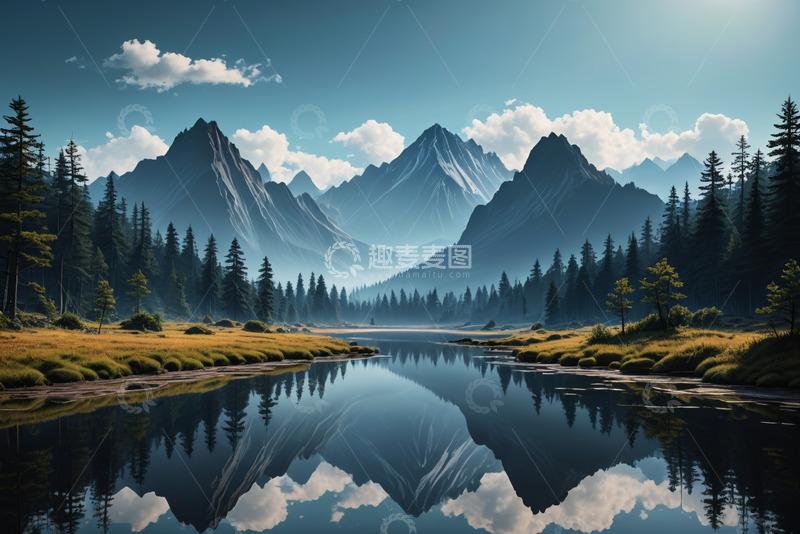 高清大图下载【趣麦麦图】山林间宁静湖泊自然风光