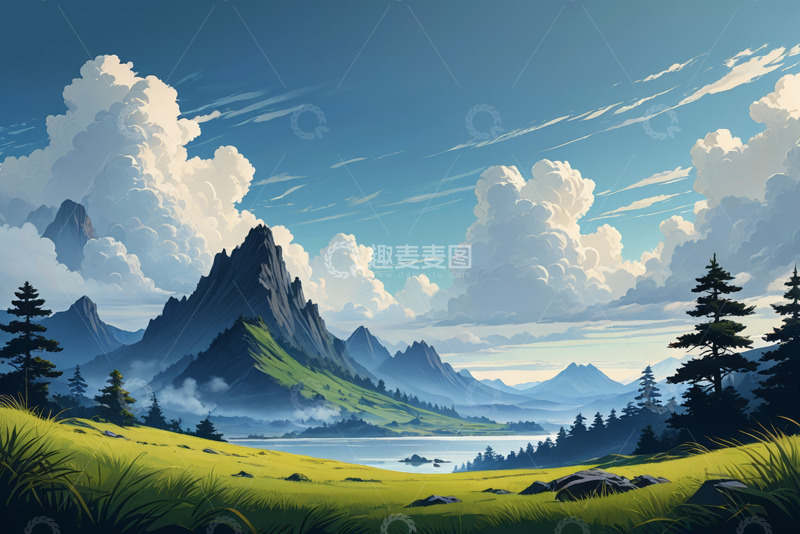 高清大图下载【趣麦麦图】青山草地湖泊自然风光