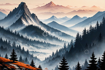 山林晨雾中的壮美山脉景观