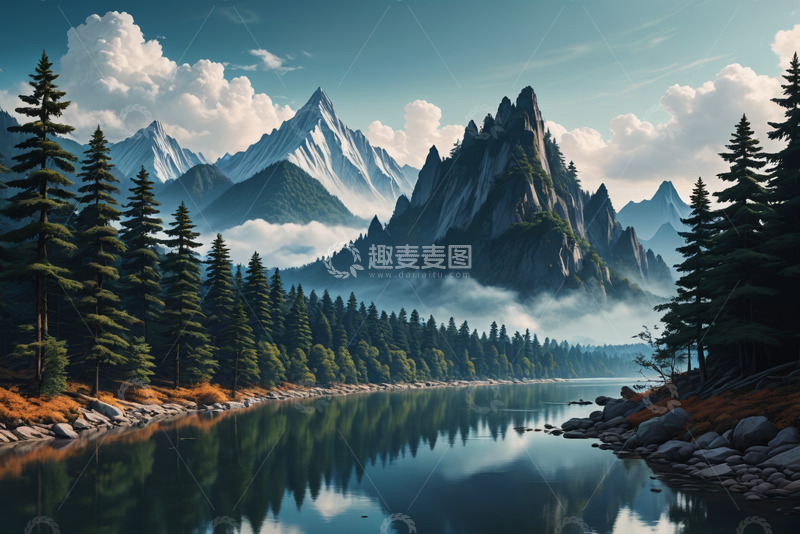 高清大图下载【趣麦麦图】山林湖泊自然风光全景