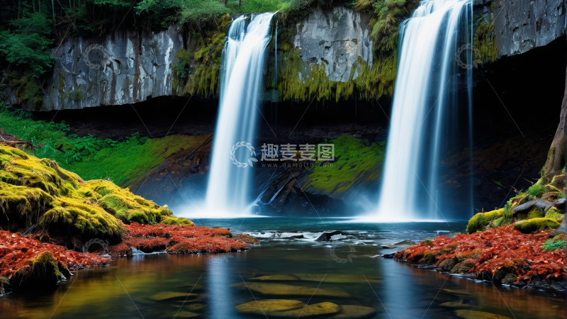 高清大图下载【趣麦麦图】自然景观中的瀑布与植被