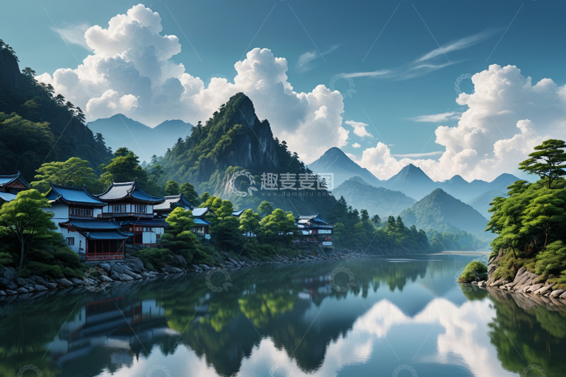 高清大图下载【趣麦麦图】山水间中式古建筑风景