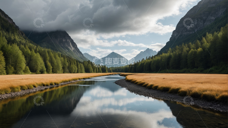 高清大图下载【趣麦麦图】山间河流自然风光全景