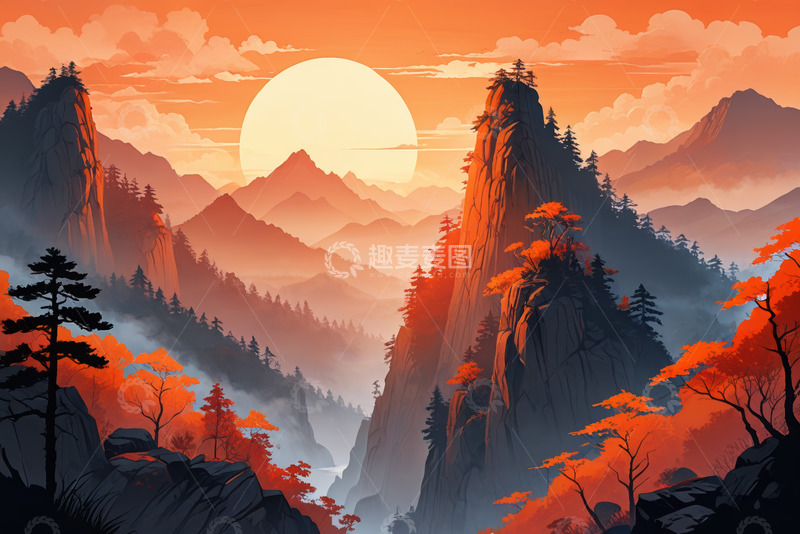 高清大图下载【趣麦麦图】夕阳下的壮丽山景