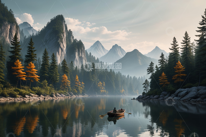 高清大图下载【趣麦麦图】山林间湖面小船静谧景象