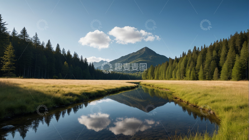 高清大图下载【趣麦麦图】山林间河流与草地风景