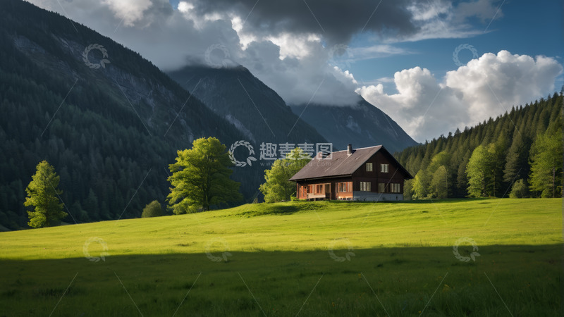 高清大图下载【趣麦麦图】山间草地旁的木屋风景