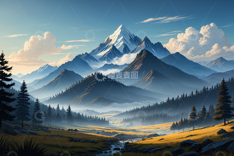 高清大图下载【趣麦麦图】雪山森林自然风光全景