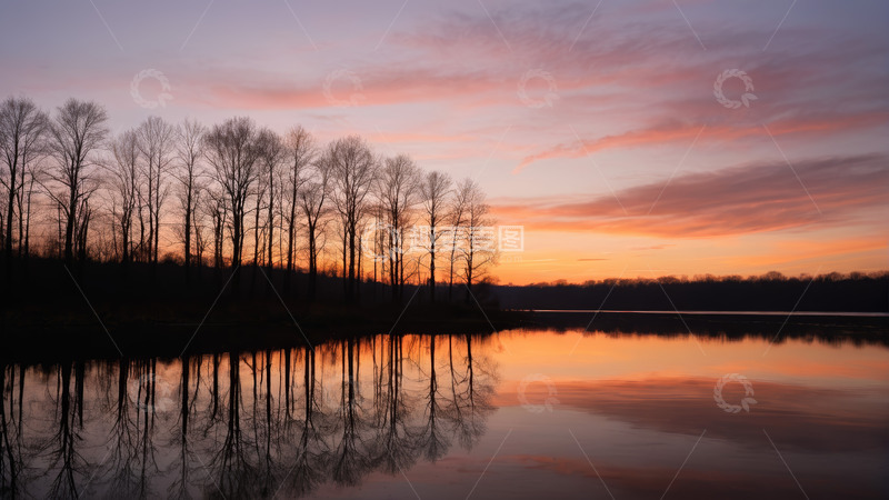 高清大图下载【趣麦麦图】湖畔日落时分的自然风光