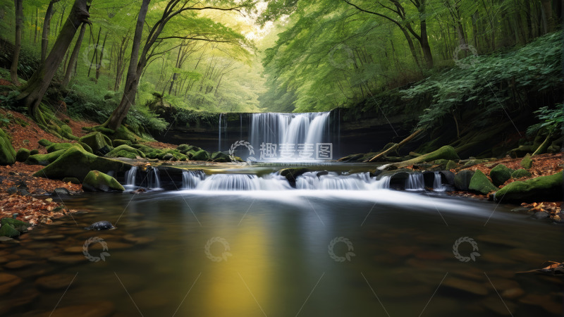 高清大图下载【趣麦麦图】森林中的瀑布溪流景观