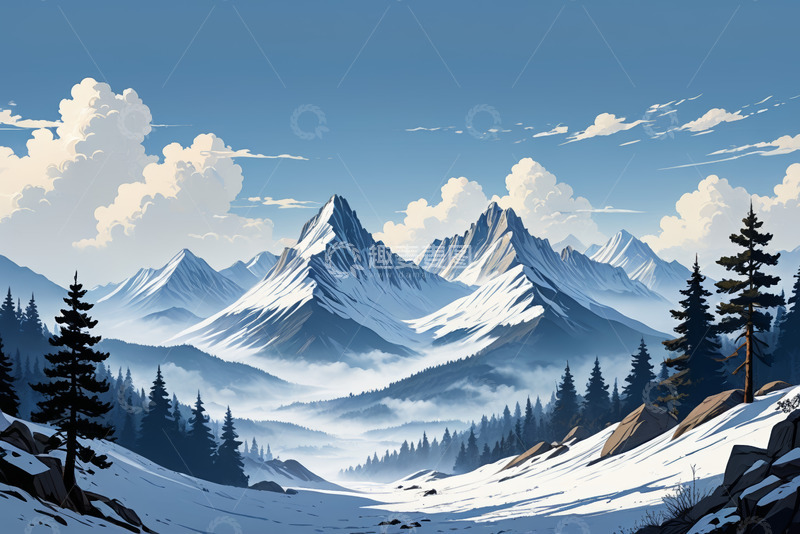 高清大图下载【趣麦麦图】雪山森林自然风光全景