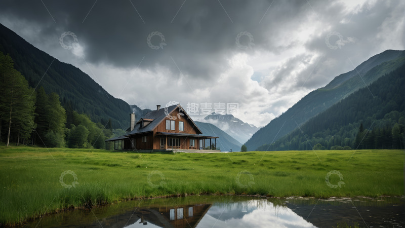 高清大图下载【趣麦麦图】山间木屋与草地湖泊风景