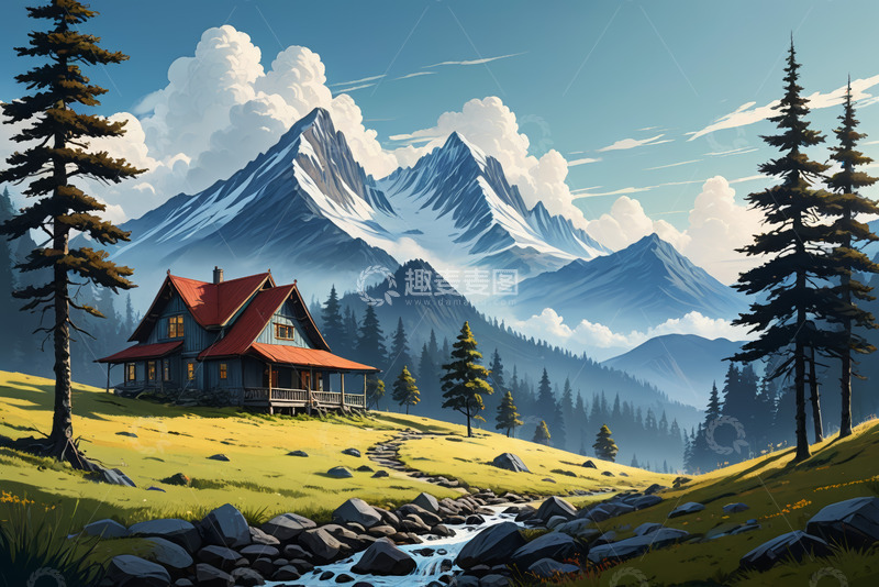 高清大图下载【趣麦麦图】山间木屋周围自然风光