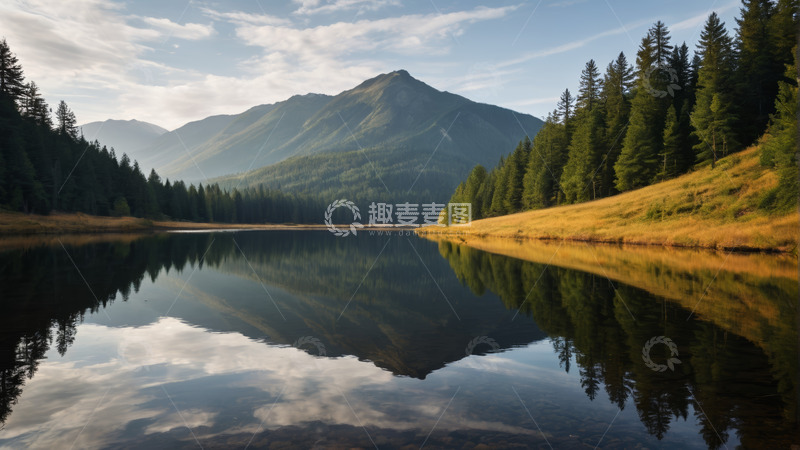 高清大图下载【趣麦麦图】山林间静谧湖泊风光