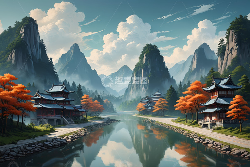 高清大图下载【趣麦麦图】古风山水间中式建筑风景