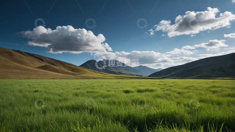 高清大图下载【趣麦麦图】广袤草原与远山蓝天白云景象