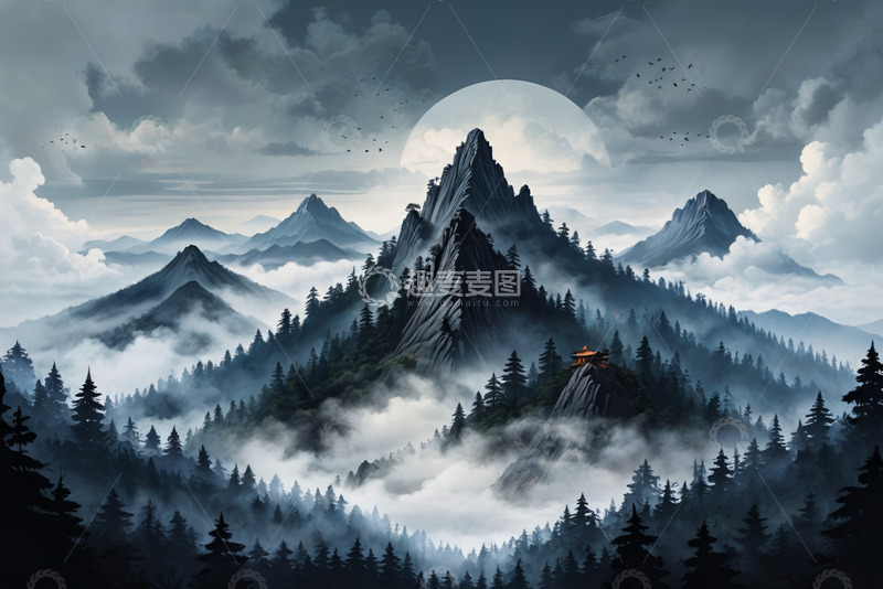 高清大图下载【趣麦麦图】月夜下的山林与山峰景观