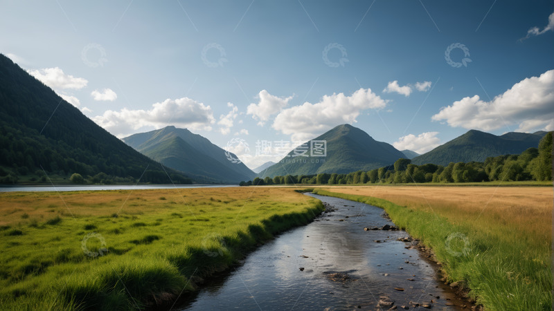 高清大图下载【趣麦麦图】山间草地河流自然风光