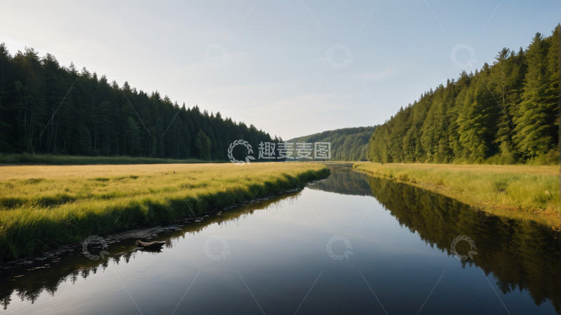 高清大图下载【趣麦麦图】森林旁河流与草地自然景观
