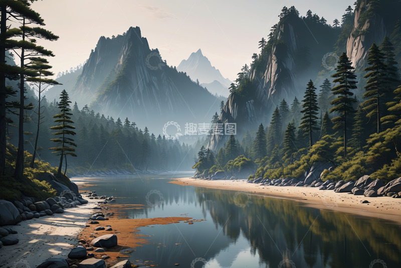 高清大图下载【趣麦麦图】山林间宁静的河流景观