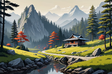 山林间中式小屋自然风光