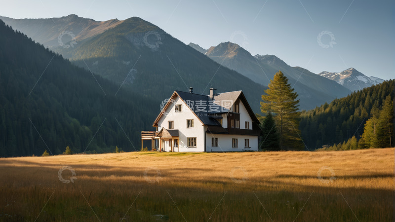 高清大图下载【趣麦麦图】山间草地旁的独栋小屋