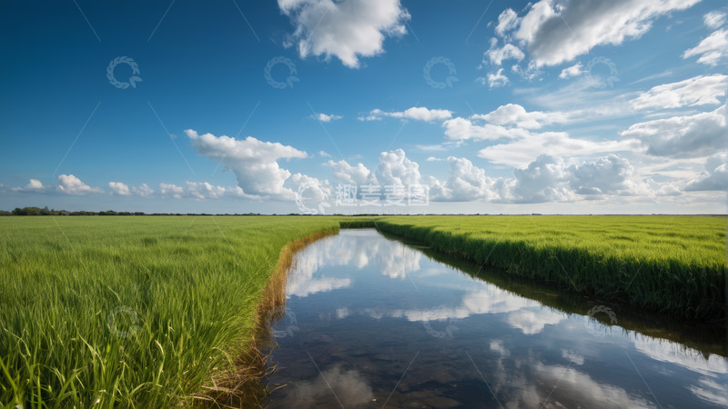 高清大图下载【趣麦麦图】蓝天白云下的绿色田野与河流