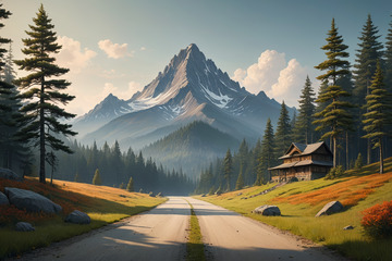 山间公路旁木屋与森林风景