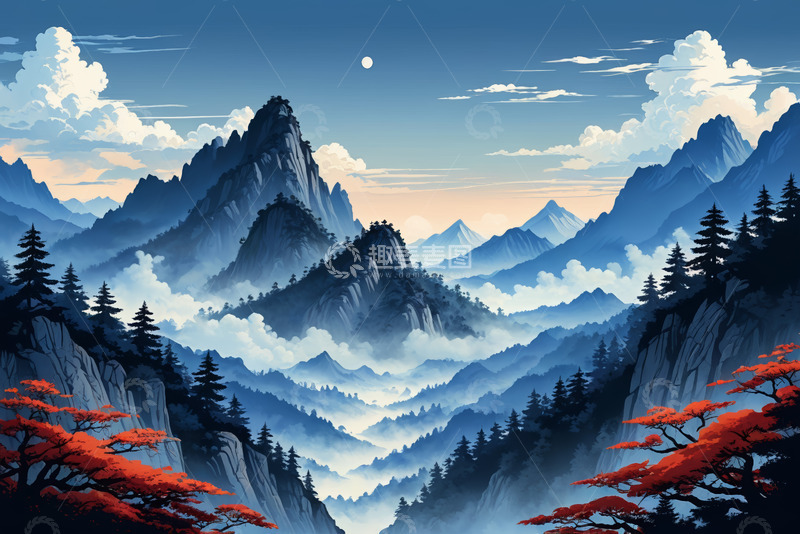 高清大图下载【趣麦麦图】山间云海与红枫风景