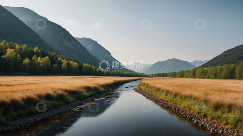 高清大图下载【趣麦麦图】山谷间河流与草地自然风光