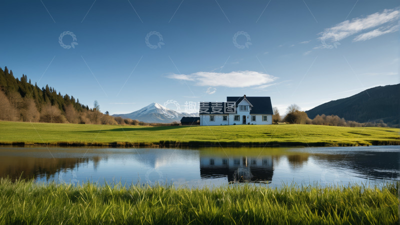 高清大图下载【趣麦麦图】湖畔田园小屋自然风光