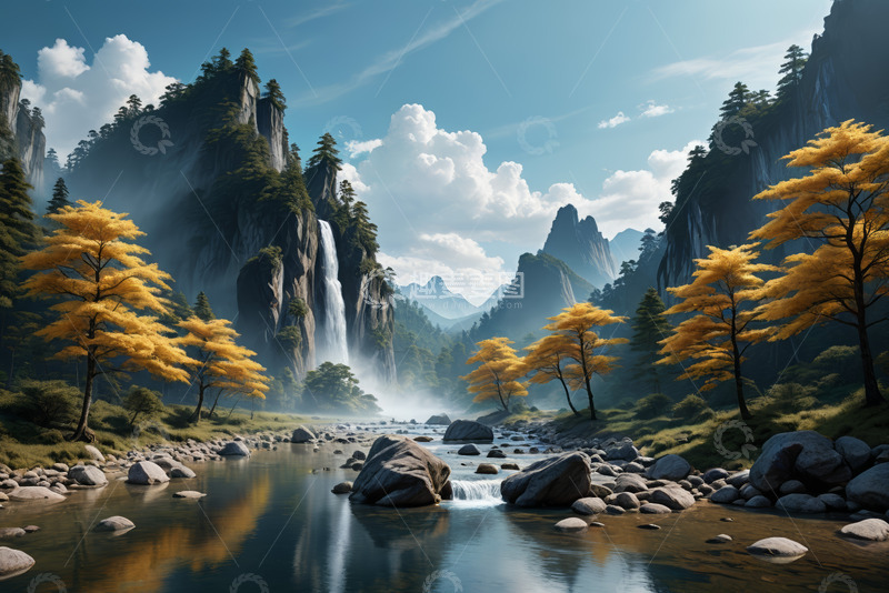 高清大图下载【趣麦麦图】山水间瀑布与金黄树木风景