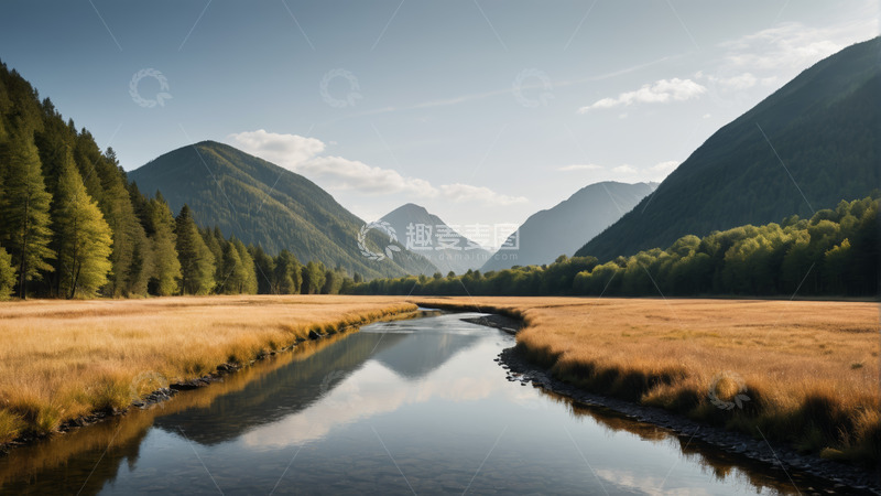 高清大图下载【趣麦麦图】山间河流与草地森林景观
