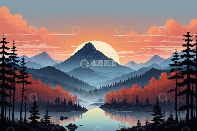 高清大图下载【趣麦麦图】山林湖泊日落自然风光