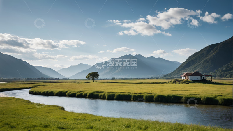 高清大图下载【趣麦麦图】田野河流旁远山与独树风景