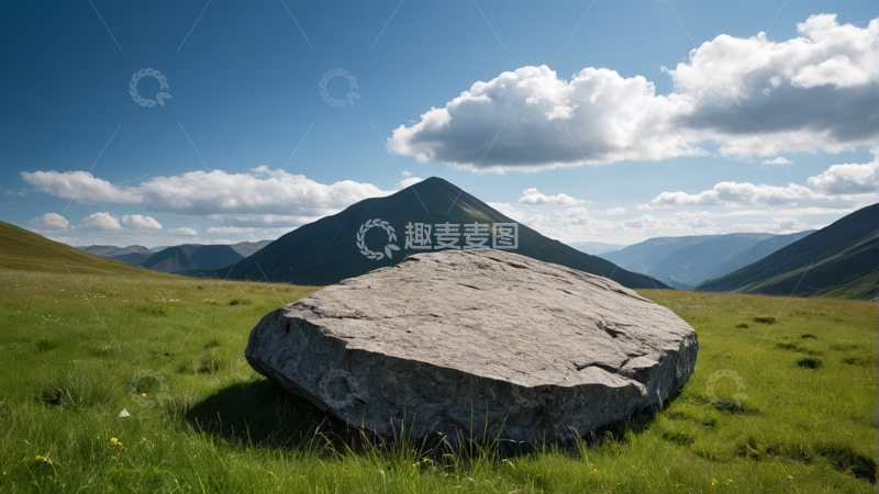 高清大图下载【趣麦麦图】草原巨石与远处山峦风景