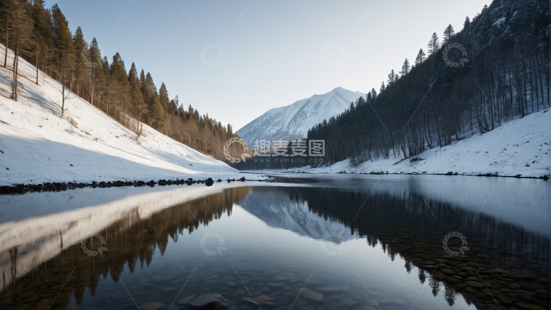 高清大图下载【趣麦麦图】雪山森林旁平静湖泊景观
