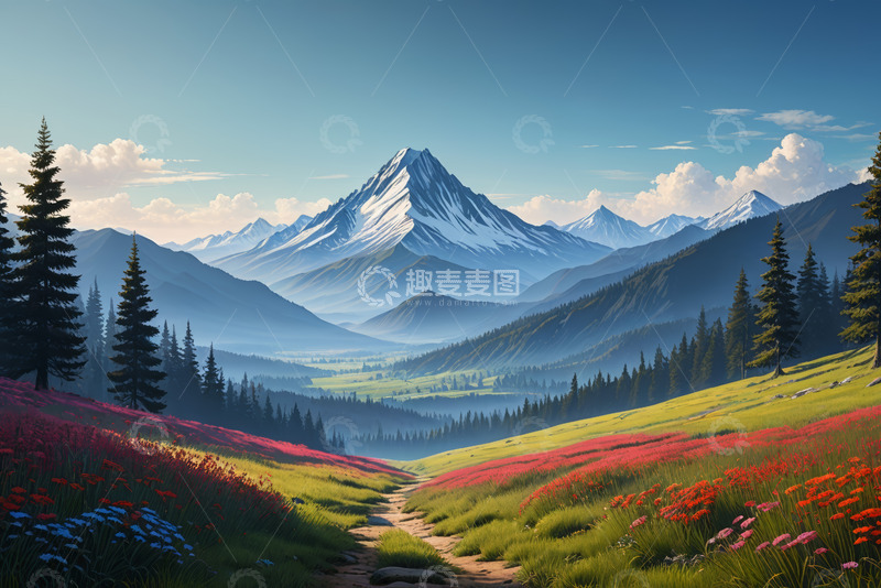 高清大图下载【趣麦麦图】山间花海与远处雪山风景