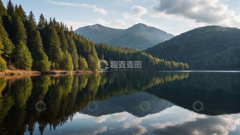 高清大图下载【趣麦麦图】山林环绕的静谧湖泊风光