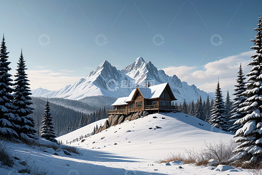 雪山下的木屋雪景