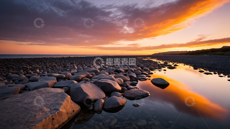 高清大图下载【趣麦麦图】海岸边夕阳下的鹅卵石景观