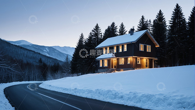 雪中山间木屋与蜿蜒公路