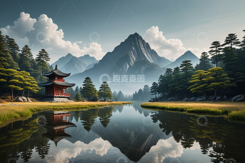 高清大图下载【趣麦麦图】山水间中式古亭风景