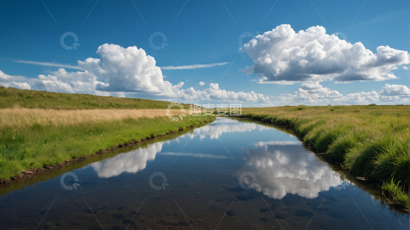 高清大图下载【趣麦麦图】草原河流蓝天白云自然景观