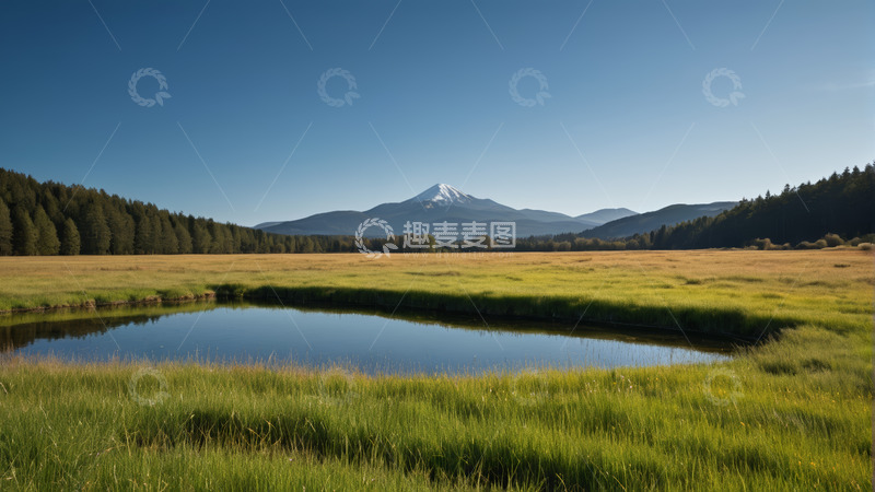 高清大图下载【趣麦麦图】原野湖泊与远处雪山风景