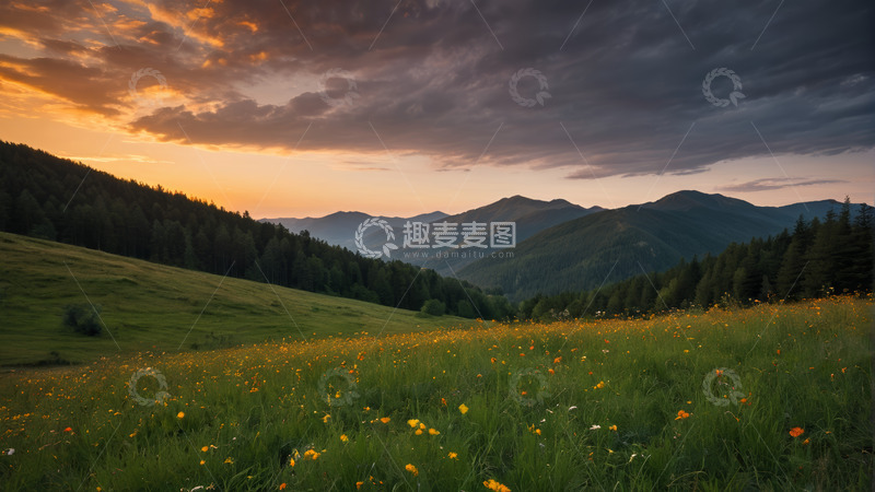 高清大图下载【趣麦麦图】山间草地日落自然风光